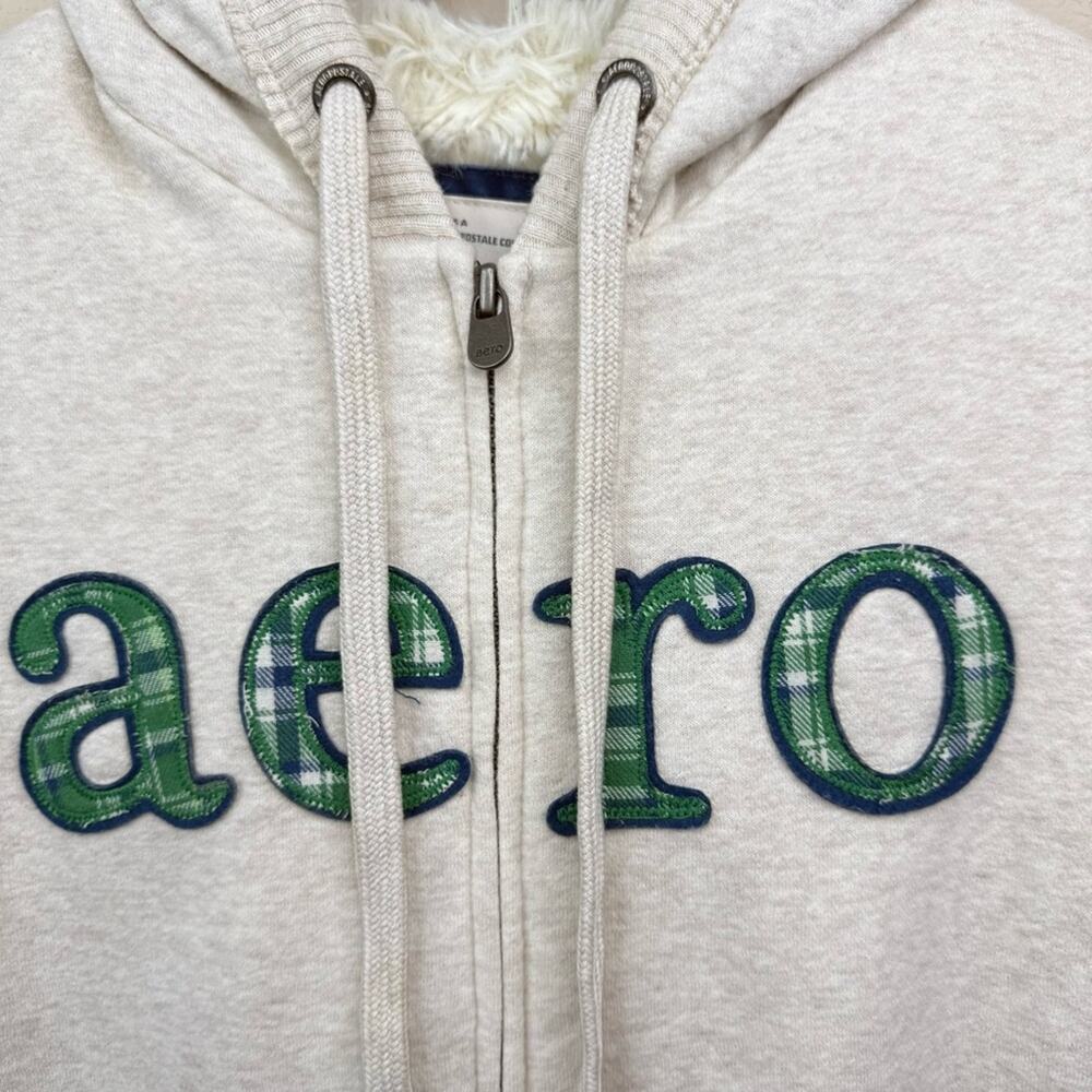 AERO Y2K Creme Hoodie Logo Sherpa Lined Full Zip Pockets Women’s Sz S - Picture 4 of 15